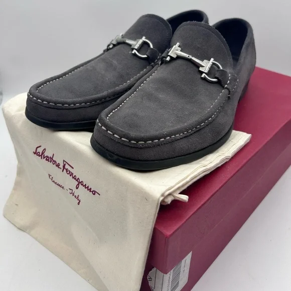 Salvatore Ferragamo Gancini Bit Loafers Men's US 9 D Gray Suede Leather Silver - Picture 2 of 15